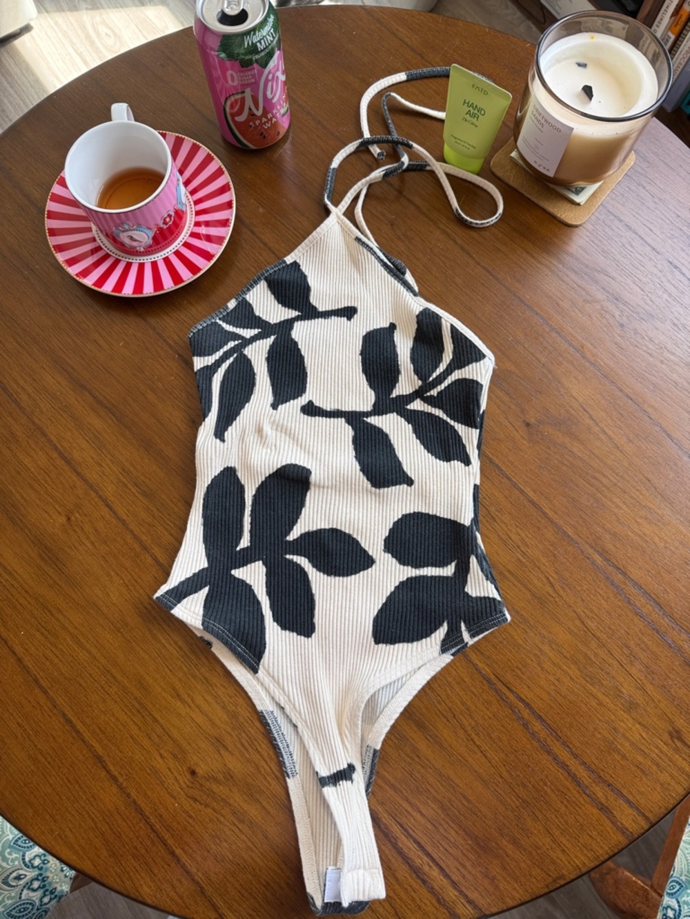 Zara Black & Cream Floral Ribbed One-Piece Bodysuit
